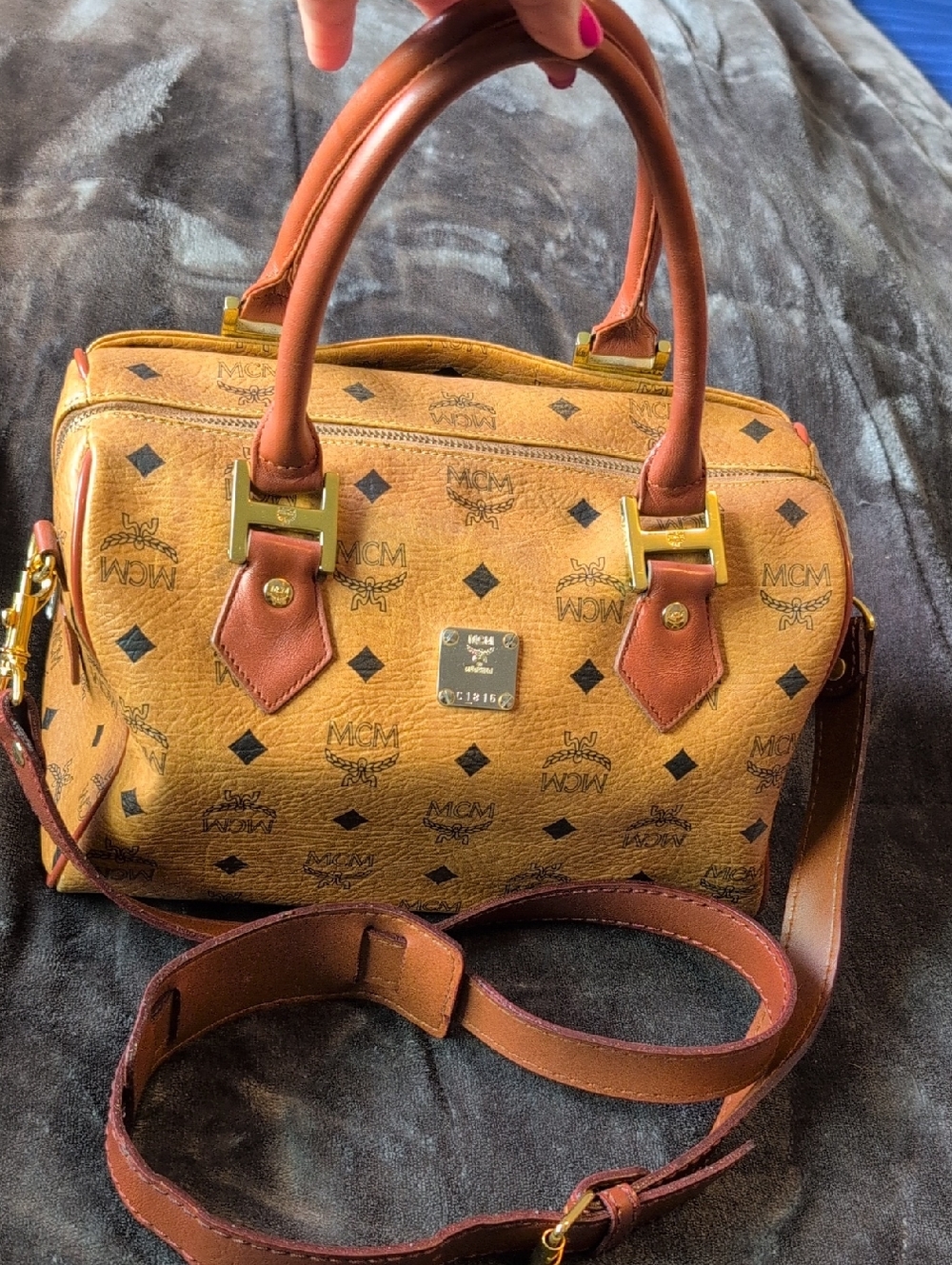 MCM Tan Cognac Visetos Monogram Satchel Two Way Handles & Crossbody Strap